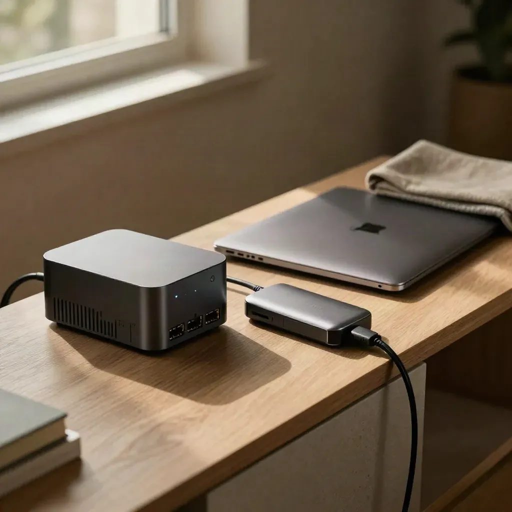 Mini PC, laptop chiuso e dock su consolle minimalista con luce serale.
