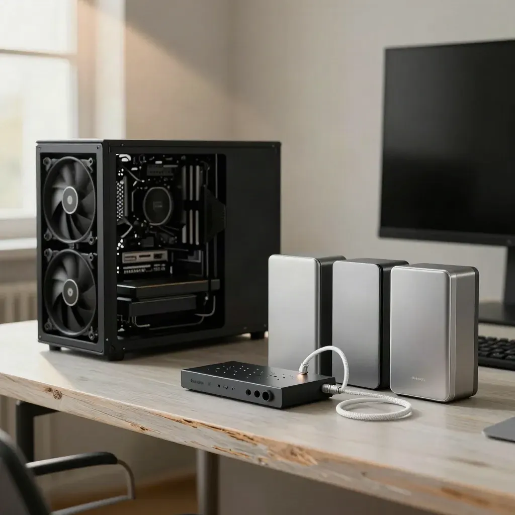 Postazione creator con dissipatore grande, due unità esterne e interfaccia audio su banco chiaro