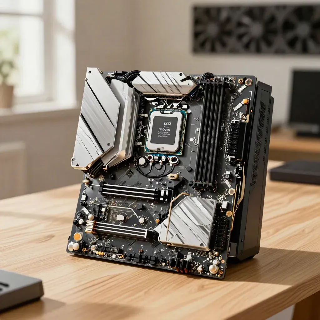 CPU Intel su scheda Z790 con dissipatore a doppia torre, RAM ai lati e ventole sullo sfondo.