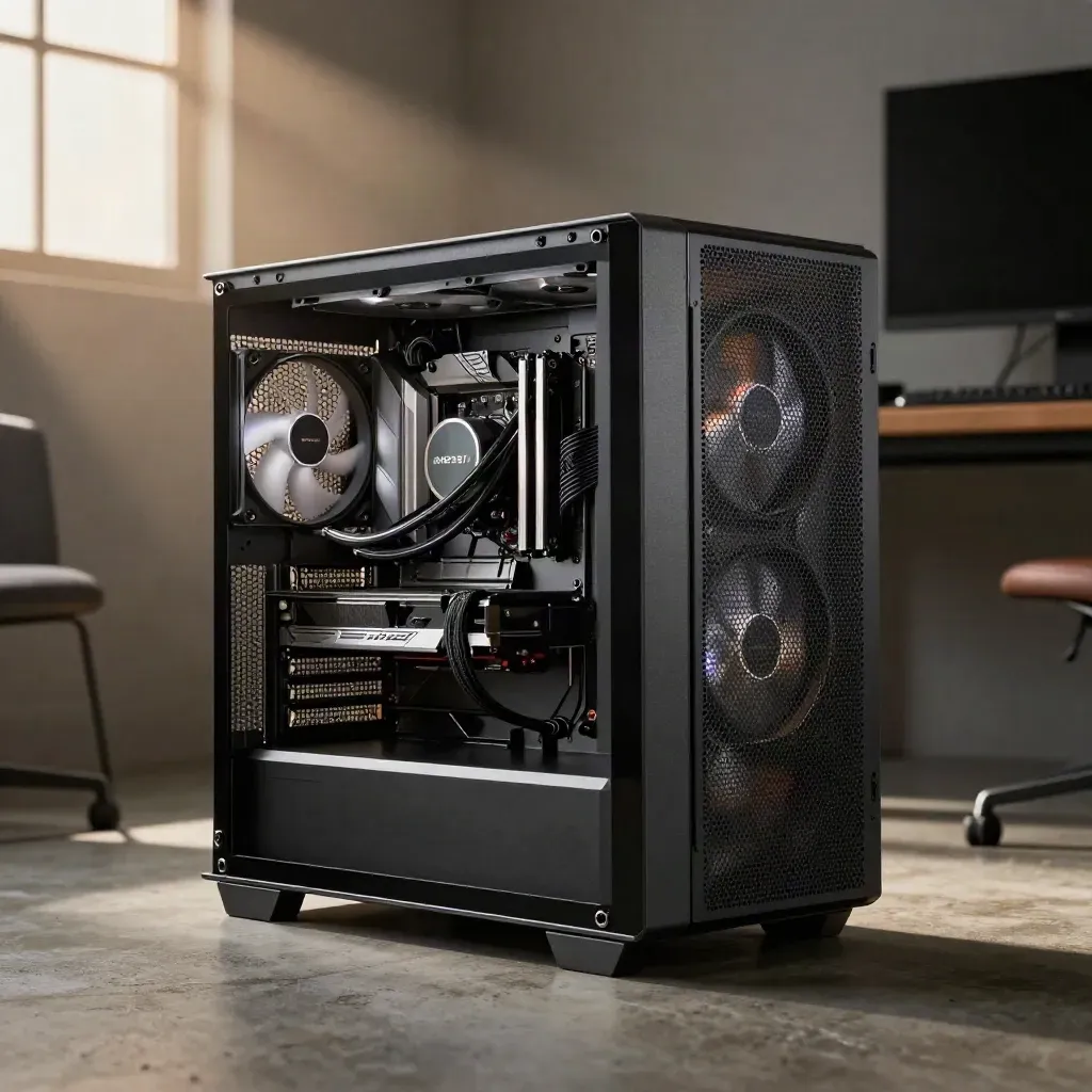 Build gaming compatta con Ryzen 7 7800X3D, ventole frontali e monitor spento in luce drammatica.