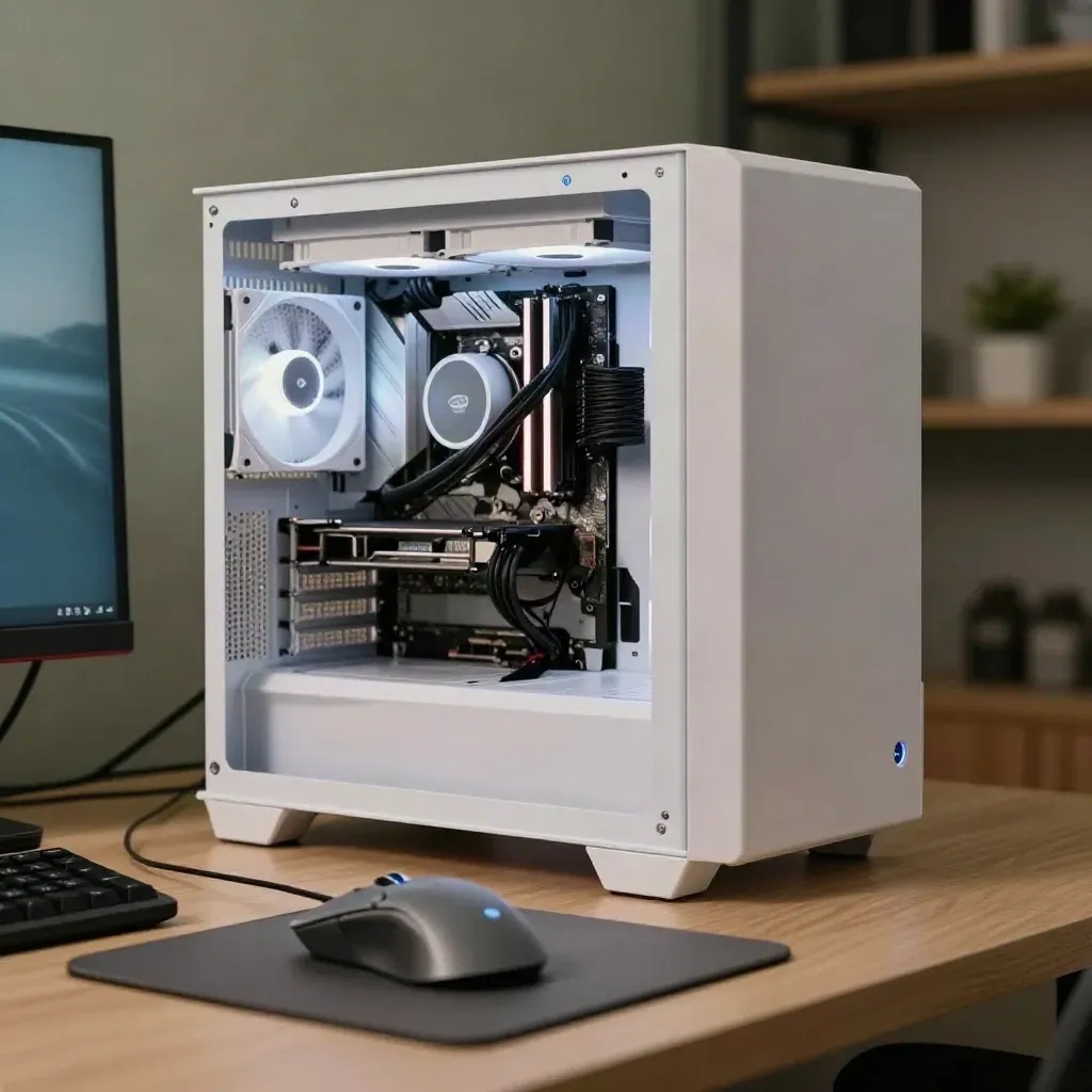 Postazione gaming bianca con Intel Core i5-14600K, ventole frontali e luce blu soffusa