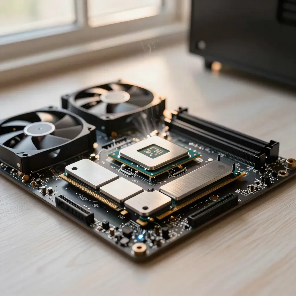 Build AM5 economica con Ryzen 5 7600, RAM e dissipatore, vista dall’alto su legno chiaro.