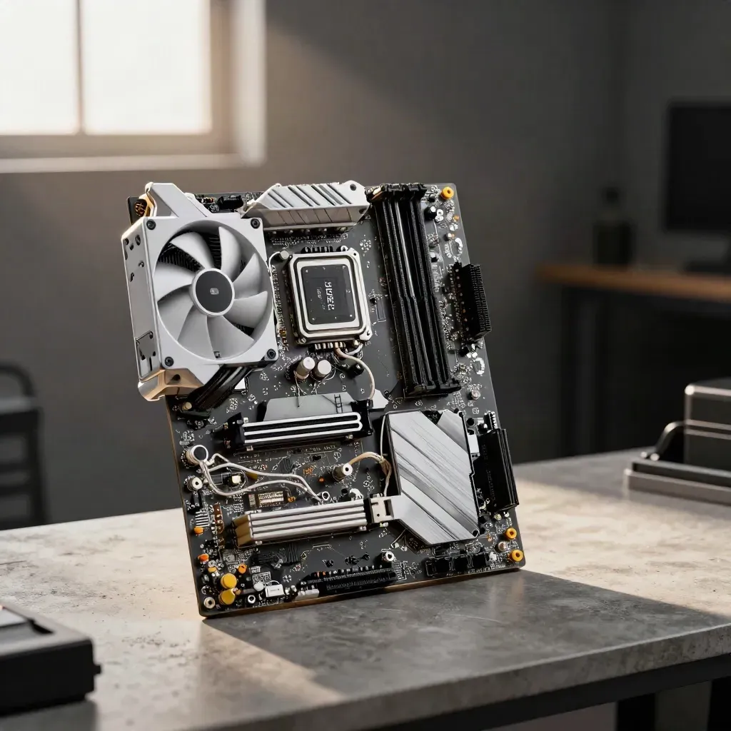 Scheda madre AM5 con DDR5 e dissipatore ad aria in un case aperto, luce cinematica obliqua.