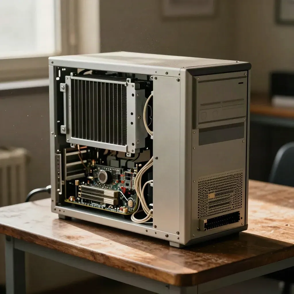 Vecchio PC da ufficio impolverato con dissipatore datato e motherboard sbiadita, visto dall’alto