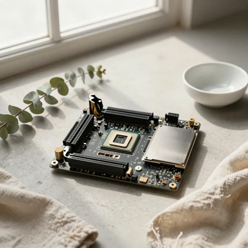 Socket AM5 aperto su motherboard con eucalipto, lino e ciotola in ceramica, visto dall'alto