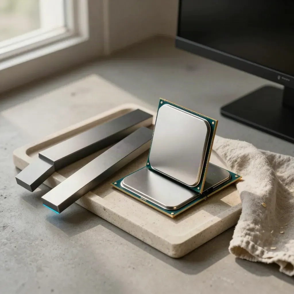 CPU, barre benchmark e display spento su vassoio in pietra con panno piegato.
